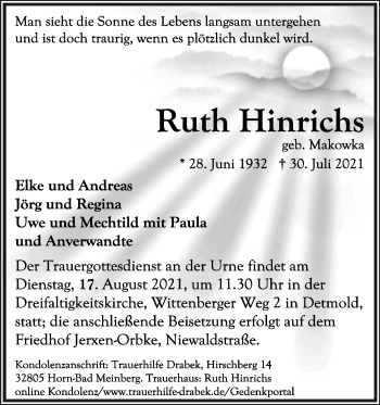 Anzeige  Ruth Hinrichs  Lippische Landes-Zeitung