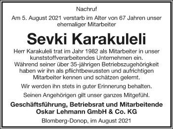 Anzeige  Sevki Karakuleli  Lippische Landes-Zeitung