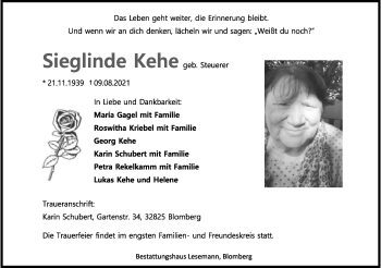 Anzeige  Sieglinde Kehe  Lippische Landes-Zeitung
