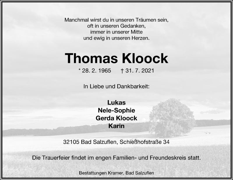  Traueranzeige für Thomas Kloock vom 07.08.2021 aus Lippische Landes-Zeitung