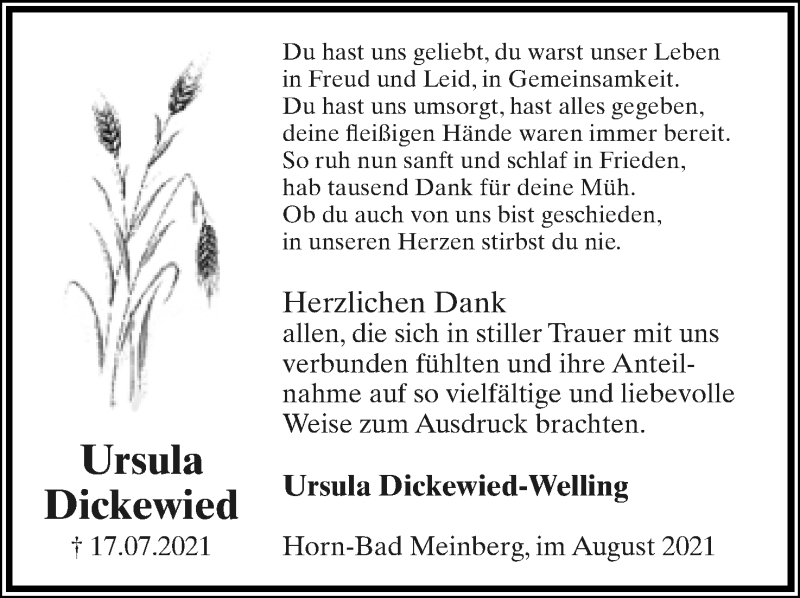  Traueranzeige für Ursula Dickewied vom 21.08.2021 aus Lippische Landes-Zeitung