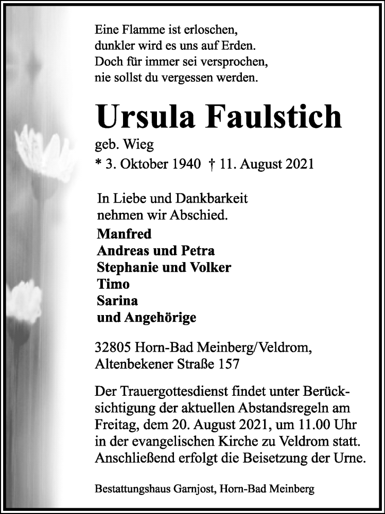  Traueranzeige für Ursula Faulstich vom 14.08.2021 aus Lippische Landes-Zeitung