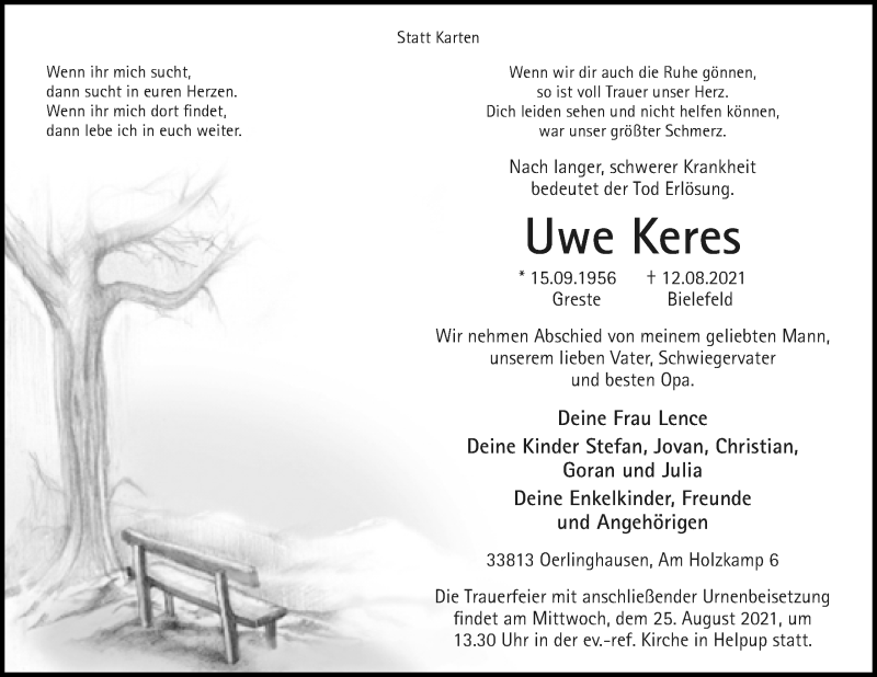  Traueranzeige für Uwe Keres vom 21.08.2021 aus Lippische Landes-Zeitung