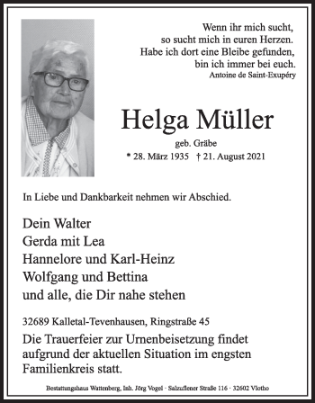 Anzeige  Helga Müller  Lippische Landes-Zeitung