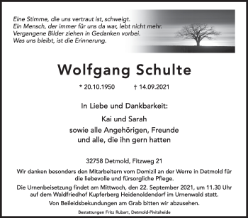 Anzeige  Wolfgang Schulte   Lippische Landes-Zeitung