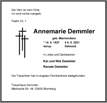Anzeige  Annemarie Demmler  Lippische Landes-Zeitung