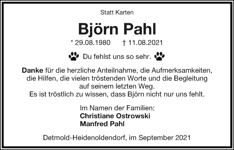  Traueranzeige für Björn Pahl vom 25.09.2021 aus Lippische Landes-Zeitung