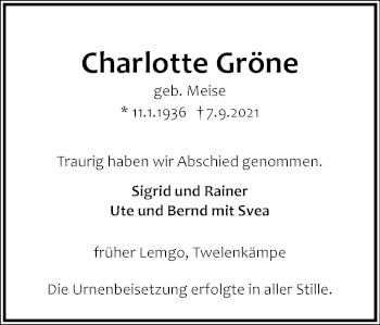 Anzeige  Charlotte Gröne  Lippische Landes-Zeitung