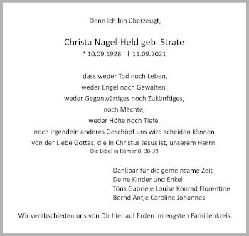 Anzeige  Christa Nagel-Held  Lippische Landes-Zeitung