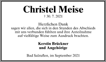 Anzeige  Christel Meise  Lippische Landes-Zeitung