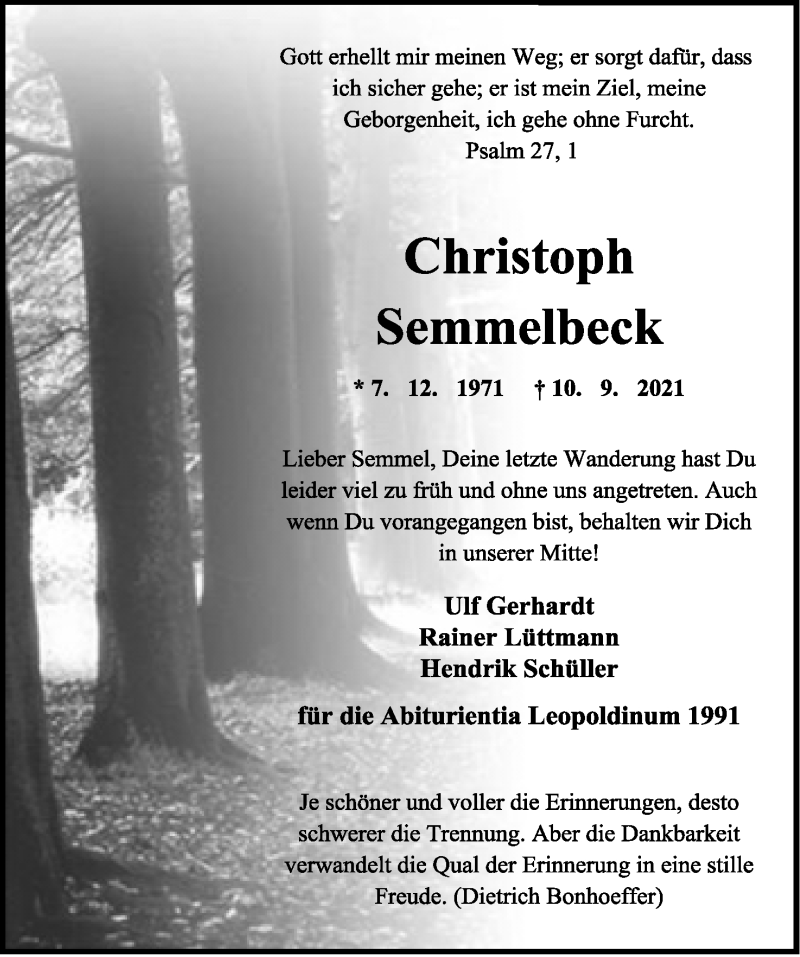  Traueranzeige für Christoph Semmelbeck vom 15.09.2021 aus Lippische Landes-Zeitung
