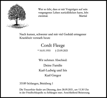 Anzeige  Cordt Fleege  Lippische Landes-Zeitung