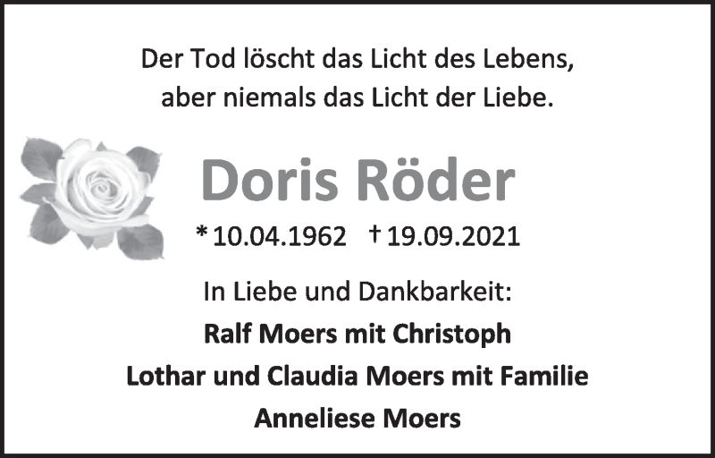  Traueranzeige für Doris Röder vom 25.09.2021 aus Lippische Landes-zeitung