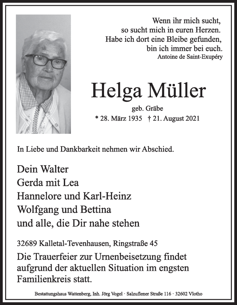  Traueranzeige für Helga Müller vom 28.08.2021 aus Lippische Landes-Zeitung