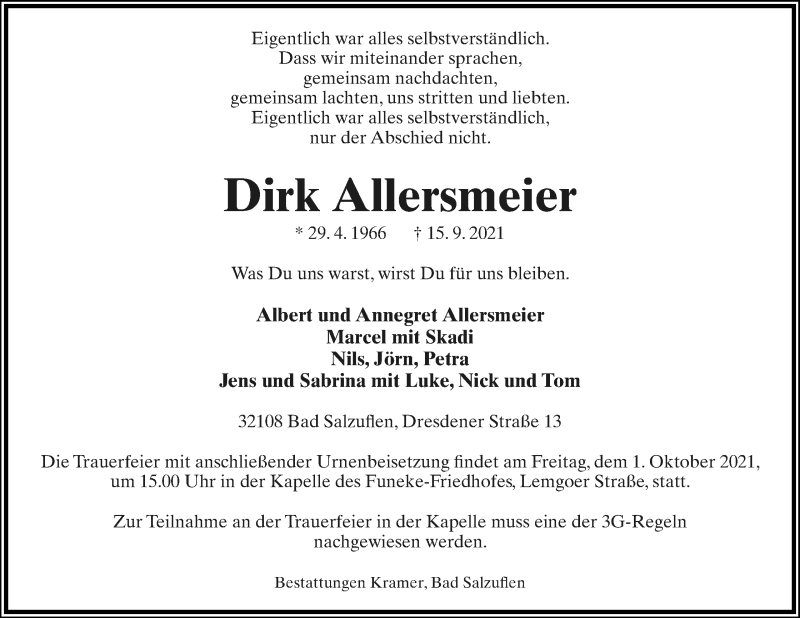 Traueranzeige für Dirk Allersmeier vom 25.09.2021 aus Lippische Landes-Zeitung