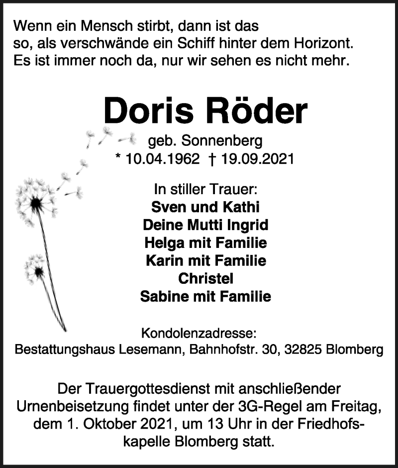  Traueranzeige für Doris Röder vom 25.09.2021 aus Lippische Landes-Zeitung