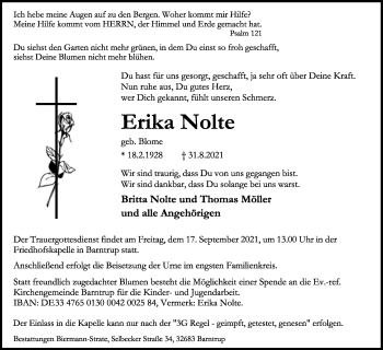 Anzeige  Erika Nolte  Lippische Landes-Zeitung