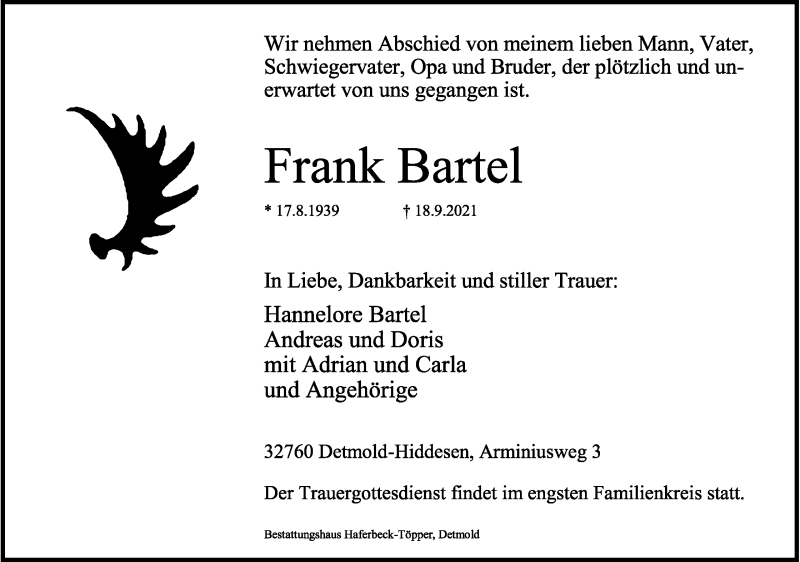  Traueranzeige für Frank Bartel vom 22.09.2021 aus Lippische Landes-Zeitung