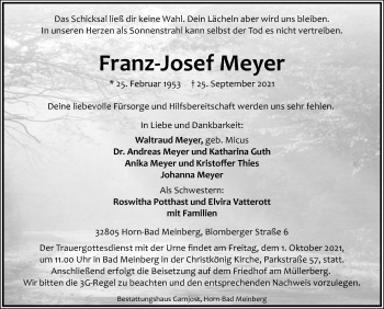Anzeige  Franz-Josef Meyer  Lippische Landes-Zeitung