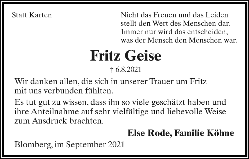  Traueranzeige für Fritz Geise vom 11.09.2021 aus Lippische Landes-Zeitung