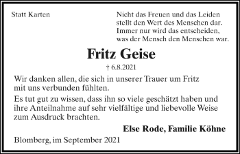 Anzeige  Fritz Geise  Lippische Landes-Zeitung
