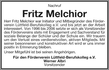 Anzeige  Fritz Melchior  Lippische Landes-Zeitung