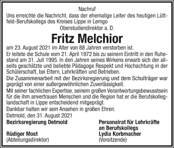 Anzeige  Fritz Melchior  Lippische Landes-Zeitung