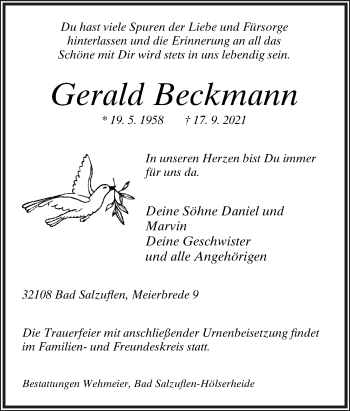 Anzeige  Gerald Beckmann  Lippische Landes-Zeitung