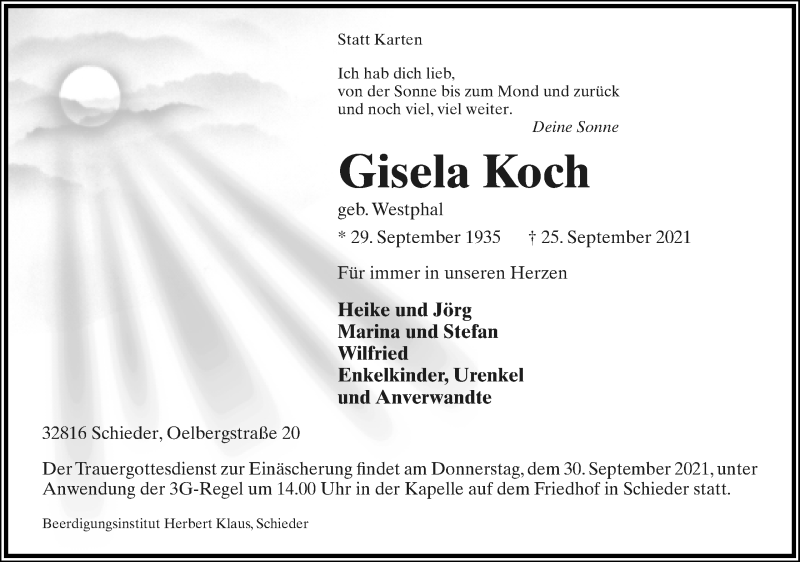  Traueranzeige für Gisela Koch vom 29.09.2021 aus Lippische Landes-Zeitung