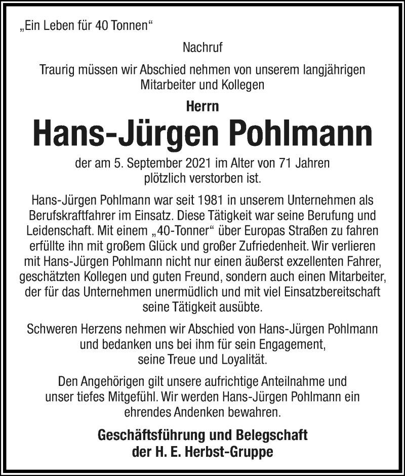  Traueranzeige für Hans-Jürgen Pohlmann vom 11.09.2021 aus Lippische Landes-Zeitung