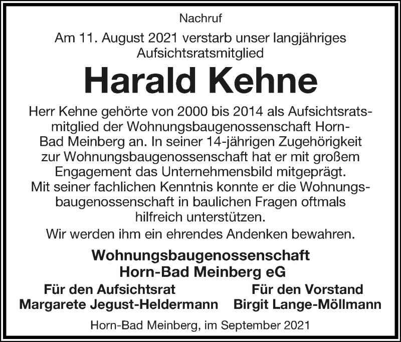  Traueranzeige für Harald Kehne vom 01.09.2021 aus Lippische Landes-Zeitung