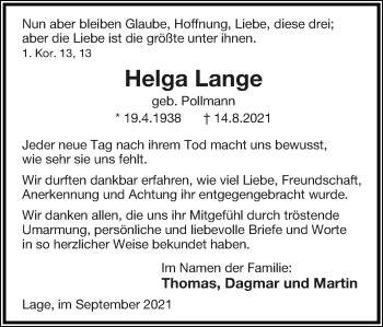 Anzeige  Helga Lange  Lippische Landes-Zeitung