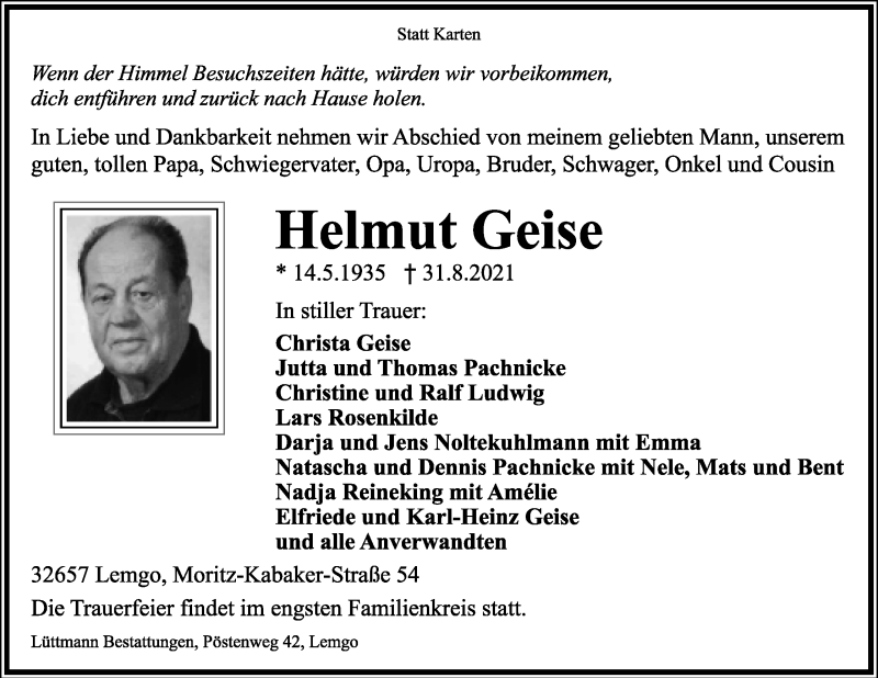  Traueranzeige für Helmut Geise vom 04.09.2021 aus Lippische Landes-Zeitung