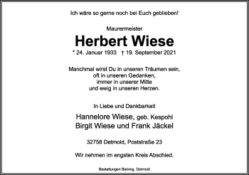 Anzeige  Herbert Wiese  Lippische Landes-Zeitung