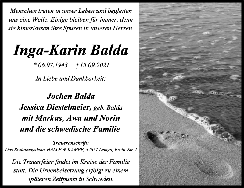  Traueranzeige für Inga-Karin Balda vom 25.09.2021 aus Lippische Landes-Zeitung