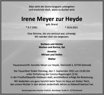 Anzeige  Irene Meyer zur Heyde  Lippische Landes-Zeitung