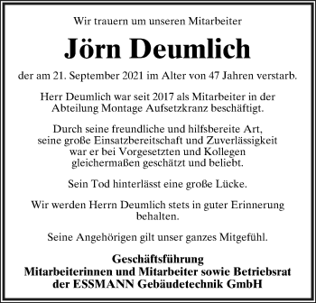 Anzeige  Jörn Deumlich  Lippische Landes-Zeitung