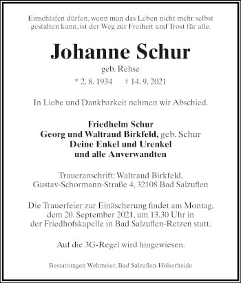 Anzeige  Johanne Schur  Lippische Landes-Zeitung