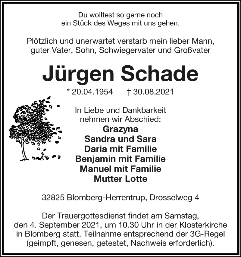  Traueranzeige für Jürgen Schade vom 02.09.2021 aus Lippische Landes-Zeitung