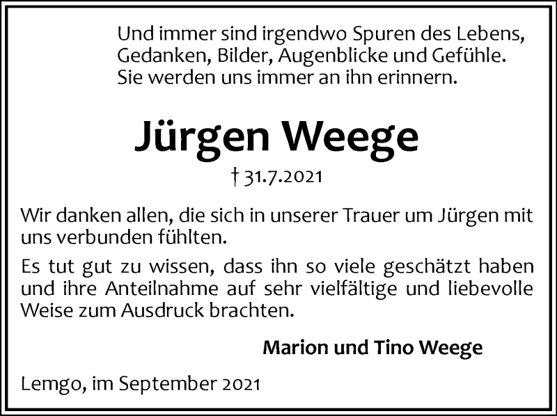  Traueranzeige für Jürgen Weege vom 04.09.2021 aus Lippische Landes-Zeitung