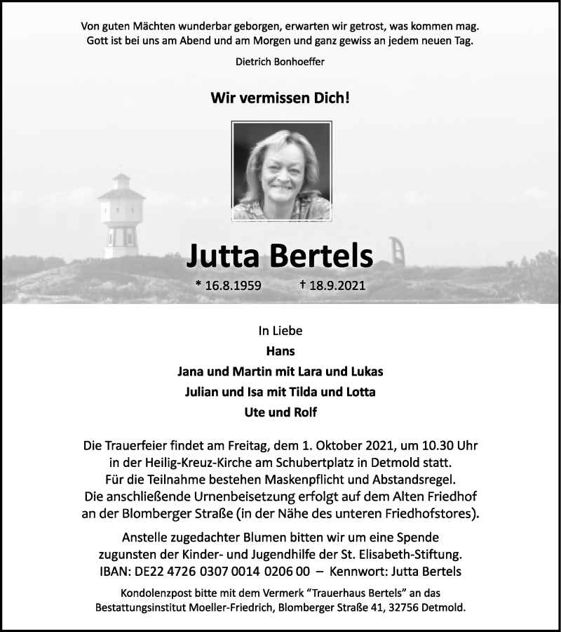  Traueranzeige für Jutta Bertels vom 25.09.2021 aus Lippische Landes-Zeitung