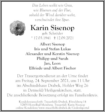 Anzeige  Karin Sisenop  Lippische Landes-Zeitung