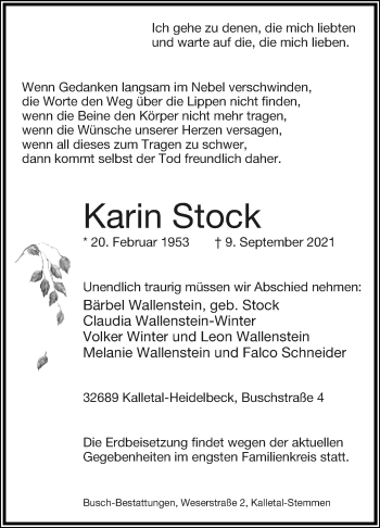 Anzeige  Karin Stock  Lippische Landes-Zeitung
