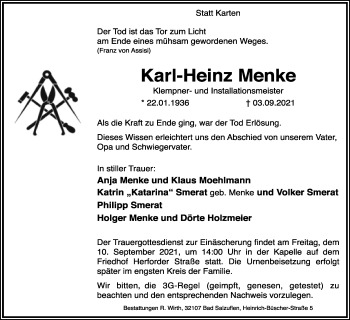 Anzeige  Karl-Heinz Menke  Lippische Landes-Zeitung