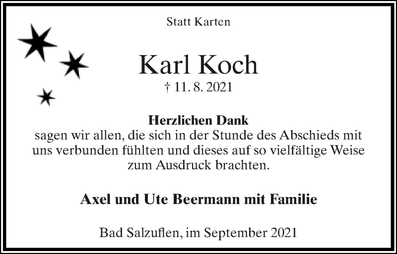  Traueranzeige für Karl Koch vom 11.09.2021 aus Lippische Landes-Zeitung