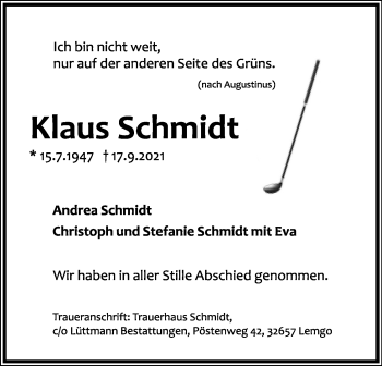 Anzeige  Klaus Schmidt  Lippische Landes-Zeitung