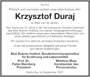 Anzeige  Krzysztof Duraj  Lippische Landes-Zeitung