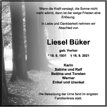 Anzeige  Liesel Büker  Lippische Landes-Zeitung