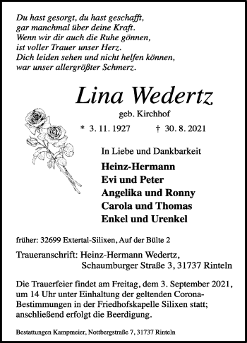 Anzeige  Lina Wedertz  Lippische Landes-Zeitung