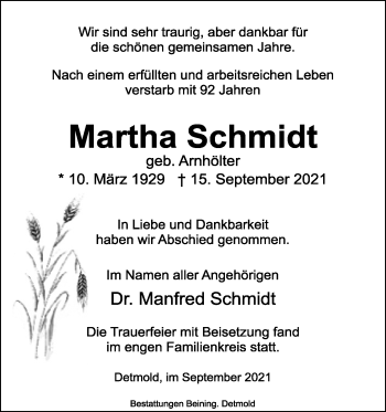 Anzeige  Martha Schmidt  Lippische Landes-Zeitung